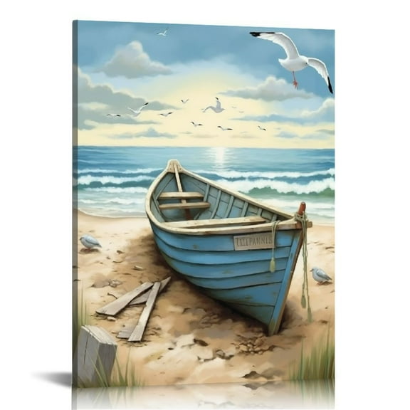 JRXY Bathroom Wall Art Coastal Décor Nautical Boat on Beach Canvas Picture Ocean Seagull Seascape Canvas Print Sea Bird Farmhouse Artwork for Seashore Bedroom Living Room Blue Teal 12x16 in
