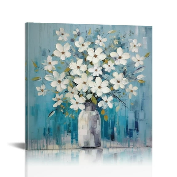 JRXY Bathroom Wall Decor - Blue Flower Picture Artwork for Walls - 16x16 Inches Blue and White Floral Wall Art for Office Bedroom Canvas Wall Art 12x12 in