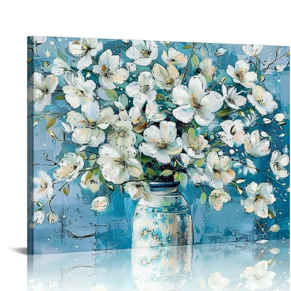 JRXY  Bathroom Wall Decor - Blue Flower Picture Artwork for Walls -  Blue and White Floral Wall Art for Office Bedroom Canvas Wall Art pattern1