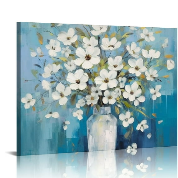 JRXY Bathroom Wall Decor Blue Flower Picture Artwork for Walls Blue and White Floral Wall Art for Office Bedroom Canvas Wall Art picture 1