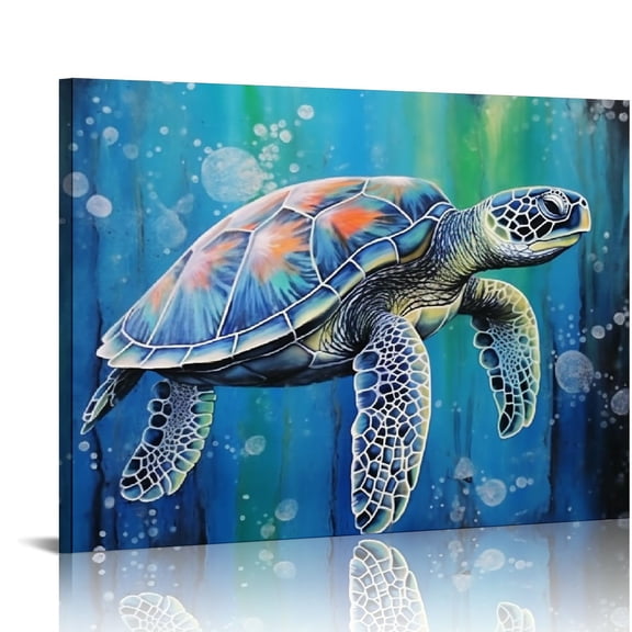 JRXY Bathroom Wall Decor Canvas Prints Sea Turtle Wall DecorTeal Watercolor Painting Beach Theme Artwork 1 Panels Framed for Bedroom Living Room Bedroom Home Office Decorations 20x16 16x12in