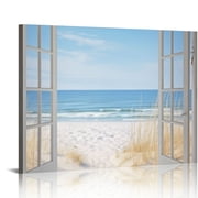 JRXY Beach Canvas Wall Art Decor Modern Window View Blue Ocean Sea Picture Relaxing Coastal Seascape Painting Horizontal Nature Landscape Seaside Scene Artwork Living Room Bathroom 16x12in