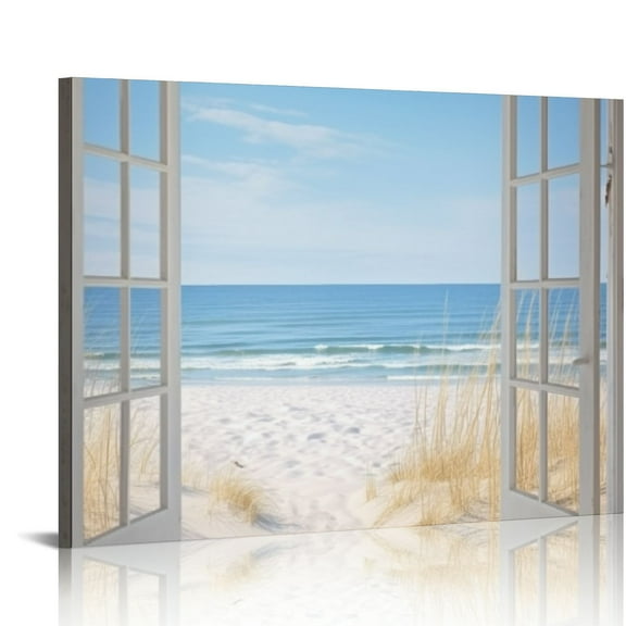 JRXY Beach Canvas Wall Art Decor: Modern Window View Blue Ocean Sea Picture Relaxing Coastal Seascape Painting Horizontal Nature Landscape Seaside Scene Artwork Living Room Bathroom  20x16in