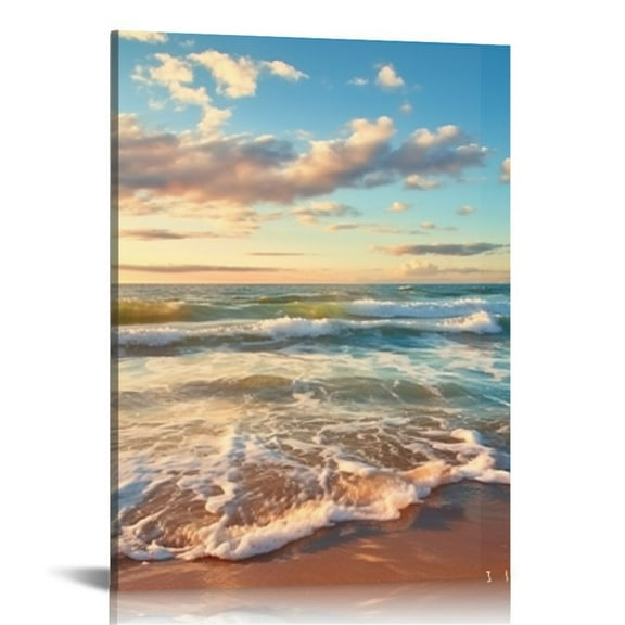 JRXY  Beach Canvas Wall Art, Sunset Ocean Waves Modern Artwork Landscape Poster Framed, Canvas Painting Prints Picture for Home Bedroom Bathroom 12x16 in