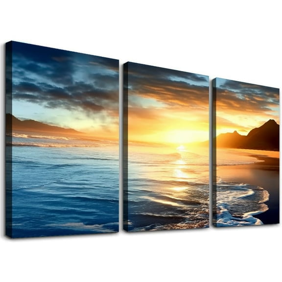 JRXY Beach Canvas Wall Art Sunset Ocean Waves Seascape Picture Large Framed Canvas Prints for Bedroom Living Room Bathroom Size 12''x16''X3 Panels pattern2