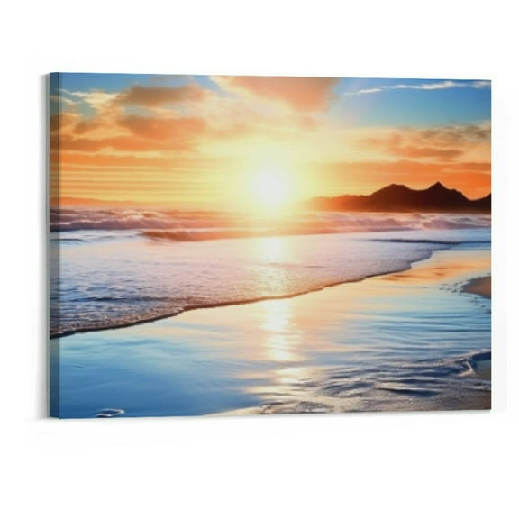 JRXY Beach Canvas Wall Art Sunset Ocean Waves Seascape Picture Large Framed Canvas Prints for Bedroom Living Room Bathroom Size 20x16 Picture 1