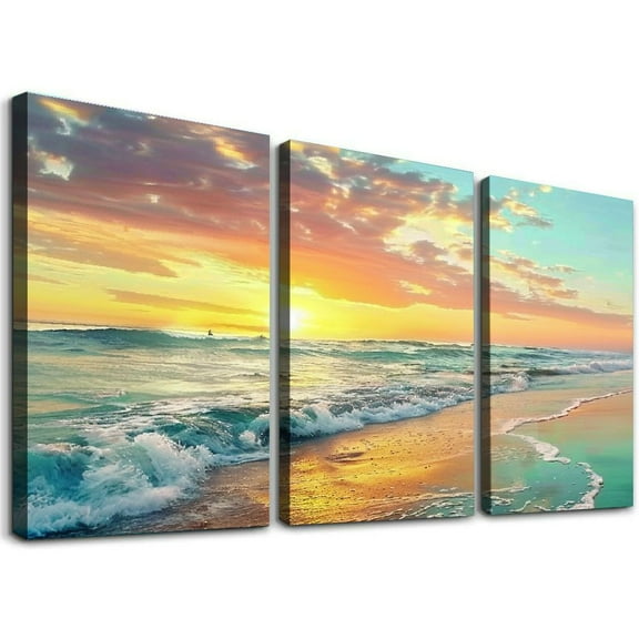 JRXY Beach Ocean Wall Art Pictures for Living Room - Canvas Print Wall Art Beach Sunset Ocean Waves Nature Pictures Framed for Bedroom Farmhouse Office Wall Décoration Teal Blue,3 pcs 12x16x3pcs