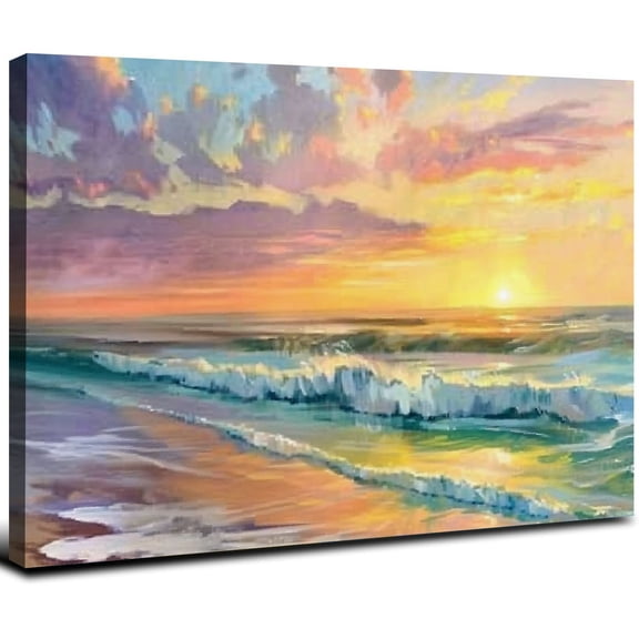 JRXY Beach Ocean Wall Art Pictures for Living Room - Canvas Print Wall Art Beach Sunset Ocean Waves Nature Pictures Framed for Bedroom Farmhouse Office Wall Décoration Teal Blue  16x12inch