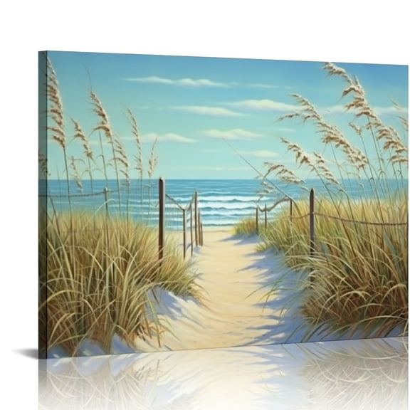 JRXY Beach Path Pictures Decor Wall Art Blue Ocean Nature Seaside Landscape Canvas Prints for Home Living Room Ready to Hang 16x12in