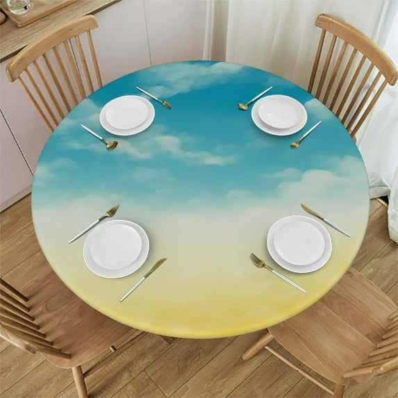JRXY Beach Pattern Round Table Cover,Elastic Edge,Suitable for Catering and Kitchen Can Wipe Dining Round Table coverr,Blue Yellow,for Round Tables White
