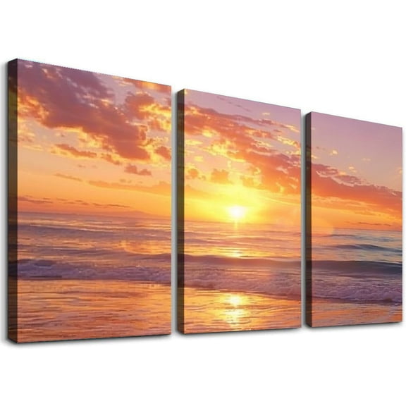 JRXY Beach Wall Art Beach Heart Pictures Wall Decor Coastal Sunset Sunrise Canvas Prints Ocean Waves Seascape Modern Artwork Home Decoration for Bathroom Bedroom Living Room,3 pcs 12x16x3pcs