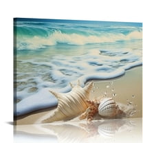 JRXY Beach Waves Wall Art Ocean Decor Sands Seashell Starfish Nature Pictures Blue Canvas Artwork Turquoise Wall Art for Bathroom Bedroom Living Room Office Kitchen Wall Decor 20x16in