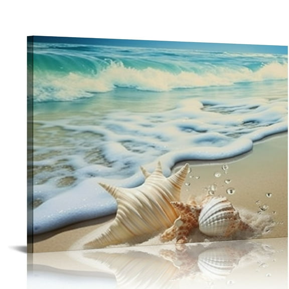 JRXY Beach Waves Wall Art Ocean Decor Sands Seashell Starfish Nature Pictures Blue Canvas Artwork Turquoise Wall Art for Bathroom Bedroom Living Room Office Kitchen Wall Decor 20x16in