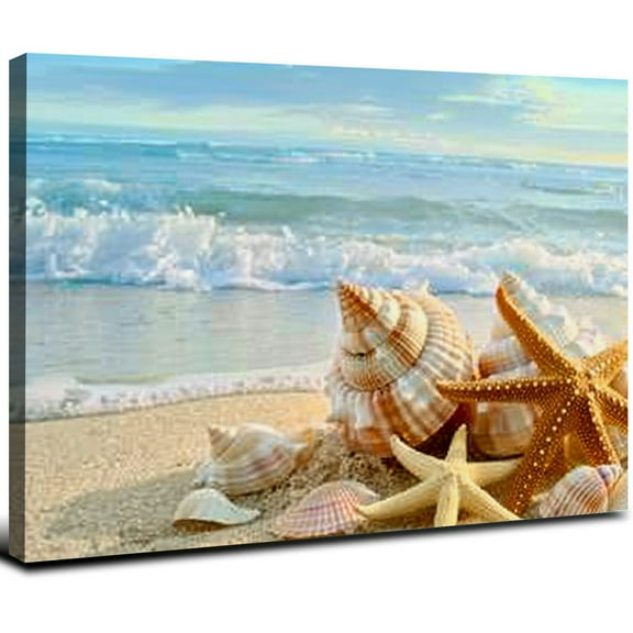 JRXY Beach Waves Wall Art Ocean Decor Sands Seashell Starfish Nature Pictures Blue Canvas Artwork Turquoise Wall Art for Bathroom Bedroom Living Room Office Kitchen Wall Decor 20x16inch