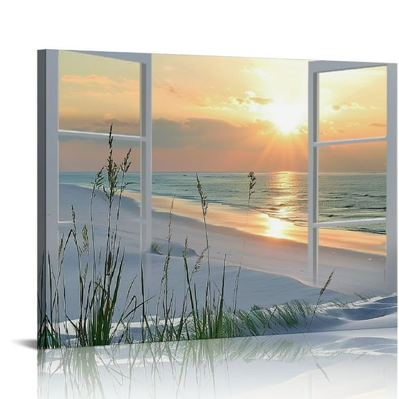 JRXY Beach Window Canvas Wall art: tropical Sunrise Seascape Picture Coastal Ocean Open Window Artwork Print for Bathroom Decor 16x12in