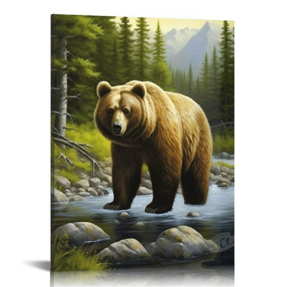 JRXY Bear Wall Art Decor Canvas Print Picture A Bear in The Woods By Stream Artwork for Home Office Wall Decor Framed Ready to Hang 12x16 in