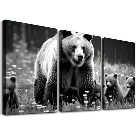 JRXY Bears Family Canvas Print Wall Art Black and White Grizzly Bear Picture Painting Decorations for Farmhouse Cabin Gallery Canvas Wrapped Ready to Hang 12''x16''X3 Panels 12x16x3pcs