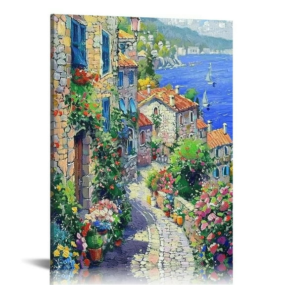 JRXY Beautiful Modern Art Watercolor  Italian town Canvas Print Wall Art , Framed Artwork Decor Wall Living room Office, Art Abstract City Landscape Watercolor Picture Canvas Wall Art Print 12x16 in