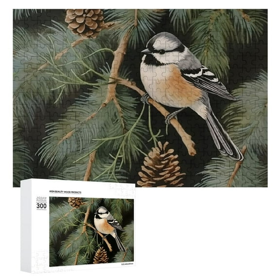 JRXY Bird Pine Tree Pinecone Chickadees Wooden Jigsaw Puzzle Gift for Family Friends 300 PCS