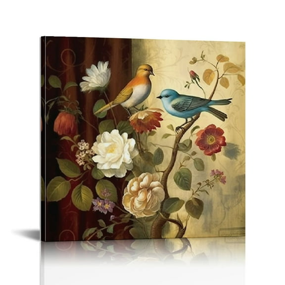 JRXY Birds Painting on Canvas Vintage Birds on Flowers Tree Branch Pictures Canvas Print Brown Red Vintage Artwork for Home Bedroom Bathroom Decoration Ready to Hang (Small) 16x16 in