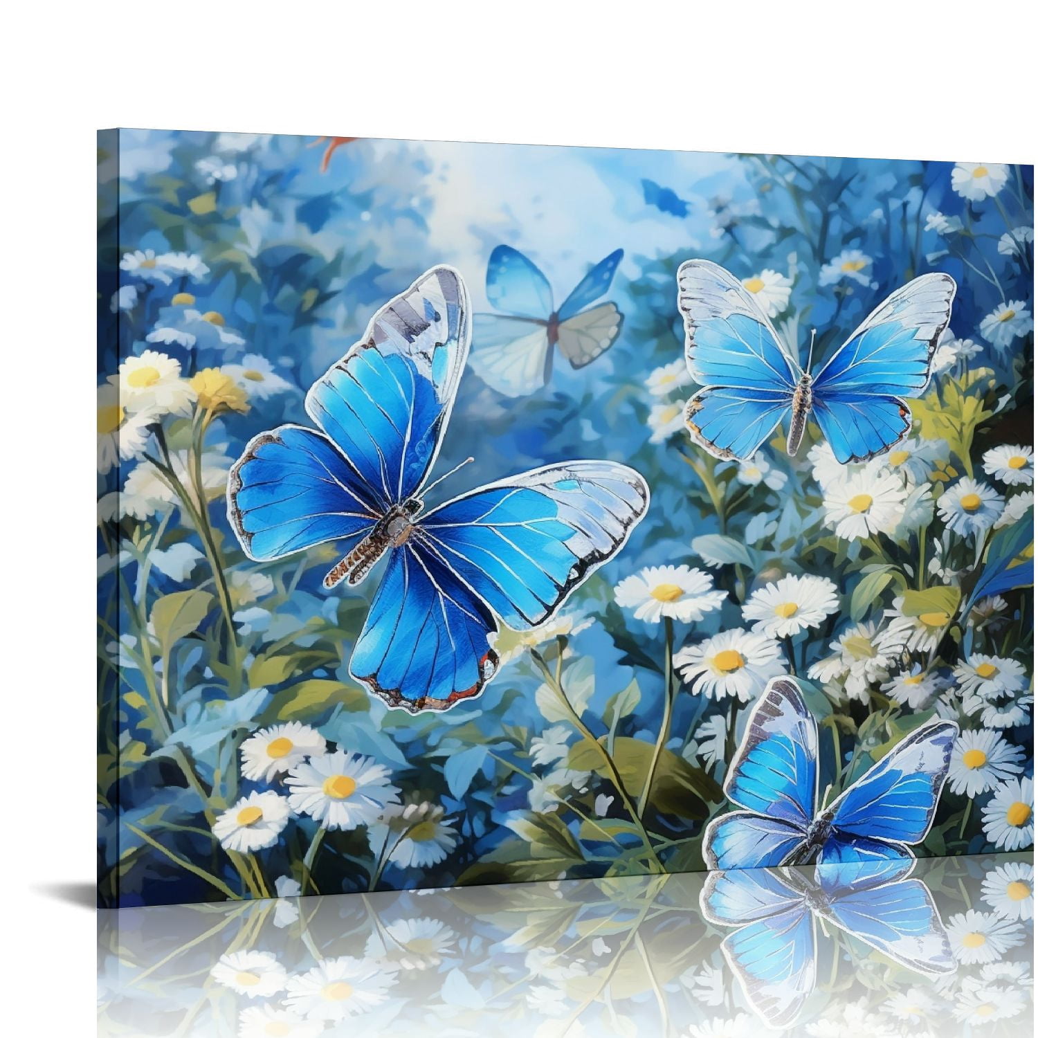 JRXY Biuteawal - Canvas Print Blue Butterfly Wall Art Flower Painting ...