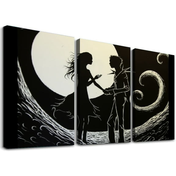 JRXY Black And White Jack And Sally Art Posters Halloween Decor Canvas Wall Art Prints 12''x16''X3 Panels 12x16x3pcs