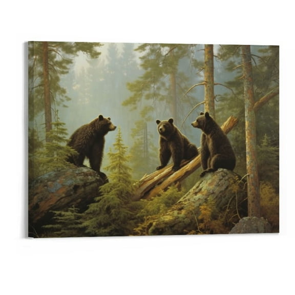 JRXY Black Bears Playing on Fallen Broken Tree Modern Wall Decor Gallery Canvas Wraps Giclee Print Stretched and Framed - 20x16 Inch 20x16in