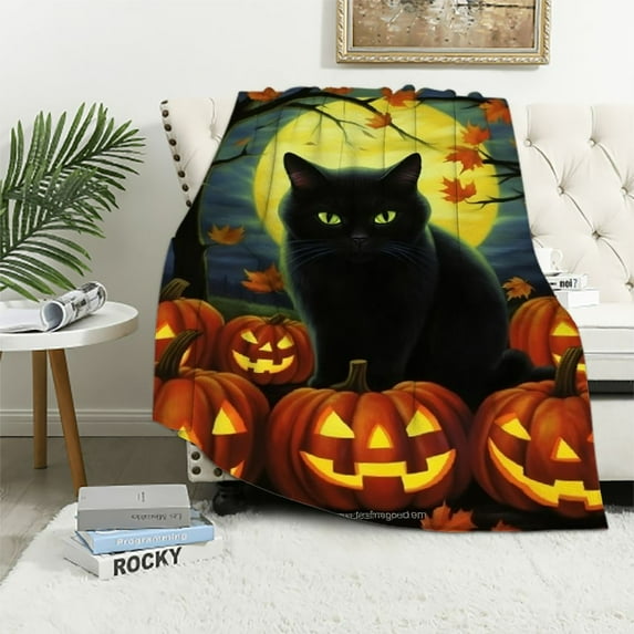 JRXY Black Cat Flannel Fleece Throw Blanket Pumpkin Halloween Super Warm Soft Couch Blanket All Season 100×130cm 130×150cm 150×200cm 50x60in