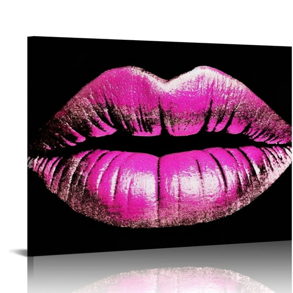 JRXY  Black and Pink Lips Canvas Wall Art Fashion and Glam Poster Sexy Red Lip Picture Gallery Wrap for Bathroom Bedroom Makeup Room Wall Decor 16x12in