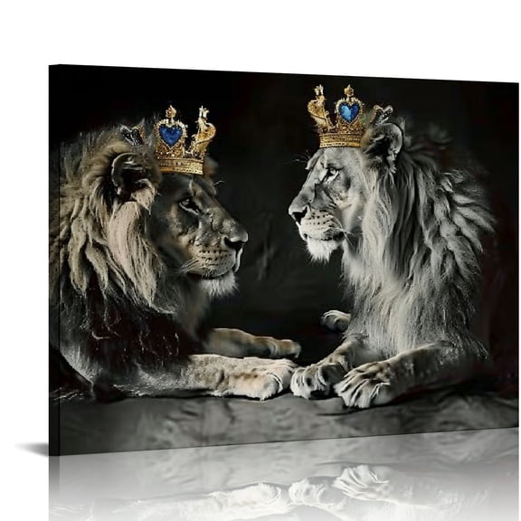 JRXY Black and White Lion Pictures Wall Decor King and Queen Lion with Gold Crown Wall Art Lion and Lioness Poster African Animal Canvas Prints Modern Framed Artwork for Bedroom 20x16in