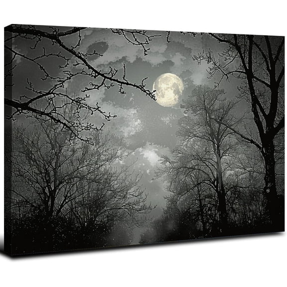 JRXY Black and White Full Moon Nature Forest Landscape Wall Art Print Framed - Ready to Hang - Home Office Wall Decor - 12x16/16x20 Inches 16x12inch