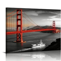 JRXY Black and White Red Canvas Paintings Golden Gate Bridge San Francisco Wall Art Modern Home Decor for Living Room Office, Ready to Hang 20x16in