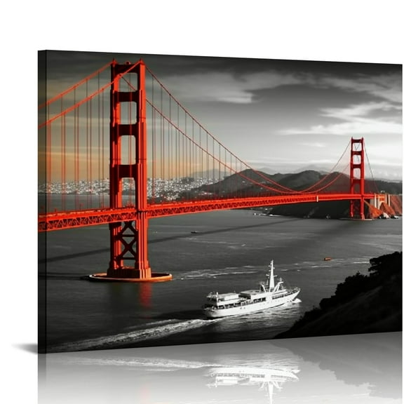 JRXY Black and White Red Canvas Paintings Golden Gate Bridge San Francisco Wall Art Modern Home Decor for Living Room Office, Ready to Hang 20x16in
