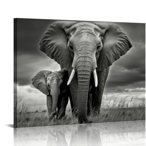 JRXY Black and white animal wall art, elephant wild animal wall, living room decoration, small elephant big ear painting, natural scenery art, bedroom, office, home decoration picture2