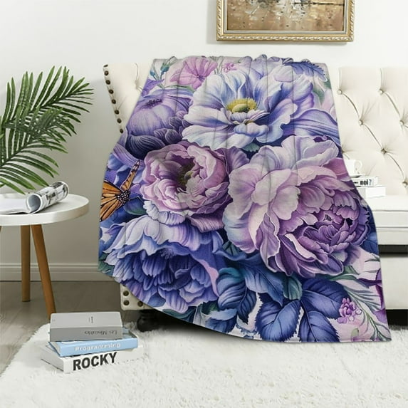 JRXY Blanket Floral Lavender Peony Butterflies Rustic Soft Throw Blanket Vintage Pattern Flowers Butterflies Soft Cozy Throw Blanket for Home Bed Couch for Kids and Adults White
