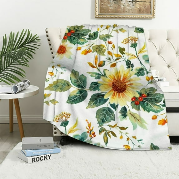 JRXY Blanket for Girls Super Soft Double Layer Minky with Dotted Backing for Toddler Infant with Yellow Sunflowers Printed White