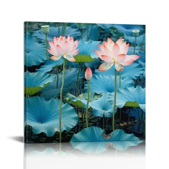 JRXY Blooming Lotus Flower Canvas Wall Art Pink Floral Artwork Picture Giclee Prints Framed Water Lily Painting Home Decor for Bedroom Each Size 16x16 inch 12x12 in