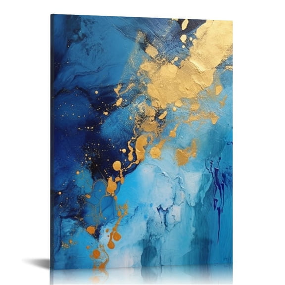JRXY Blue Abstract Canvas Painting Gold Art Decor Prints Marble Picture Navy Artwork Poster for Living Room Bedroom Home Office Wall Decor 12x16 in