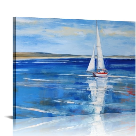 JRXY  Blue Abstract Canvas Wall Art Seascape Painting Landscape Picture Textured Navy Modern Sailboat Ocean Artwork Framed for Living Room Bedroom Bathroom Home Office Wall Decor Large  16x12in
