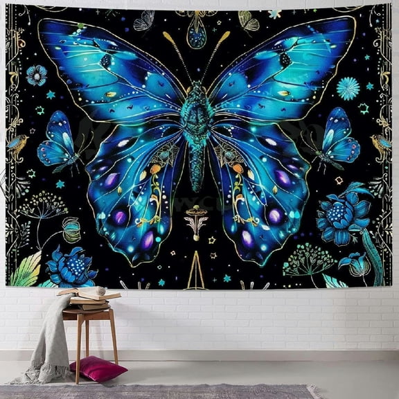 JRXY  Blue Butterfly Tapestry Boho Floral Tapestries Botanical Moon Phase Tapestry Aesthetic Large Tapestry Teal Wall Tapestry for Bedroom Living Room Dorm  Painting