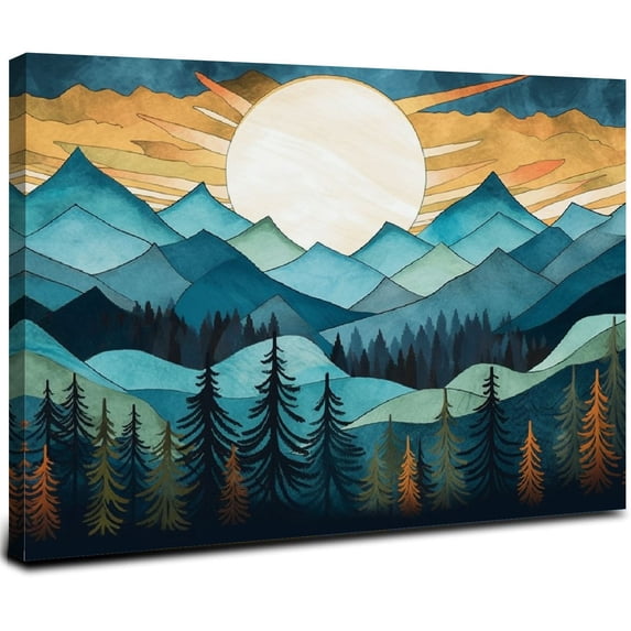JRXY Blue Forest Canvas Wall Art Nature Landscape Pictures Abstract Pinewood Painting Prints Nordic Style Artwork Large Wall Decorations for Living Room Bedroom Home Office 16x12inch