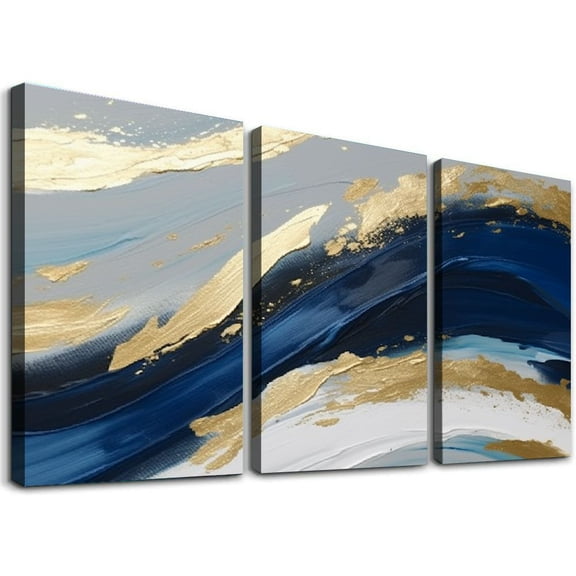 JRXY Blue Gold Abstract Canvas Wall Art Gold Foil for Walls Navy Black Modern Painting Grey Pictures 12''x16''X3 Panels 12x16x3pcs