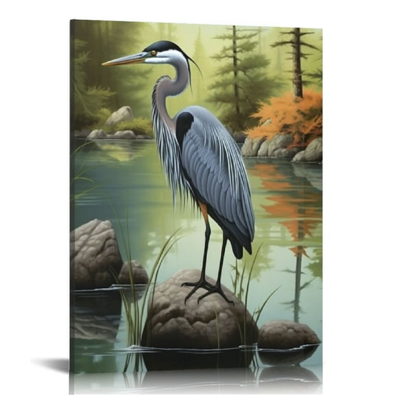 JRXY Blue Herons Standing Over Lake Pattern Canvas Wall Art For Living Bedroom Office Kitchen Decor Wood Frame Artwork Pattern Gifts 16x20 in