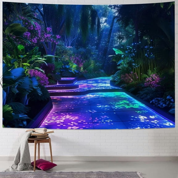 JRXY Blue Midnight Spring Botanical Flower Garden Tapestry Painting