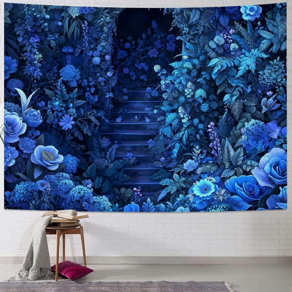 JRXY Blue Midnight Spring Botanical Flower Garden Tapestry Painting