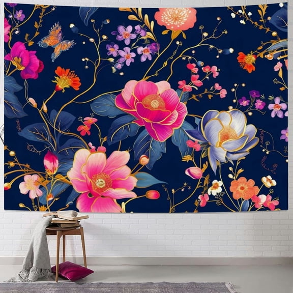 JRXY Blue Midnight Spring Botanical Flower Garden Tapestry Painting