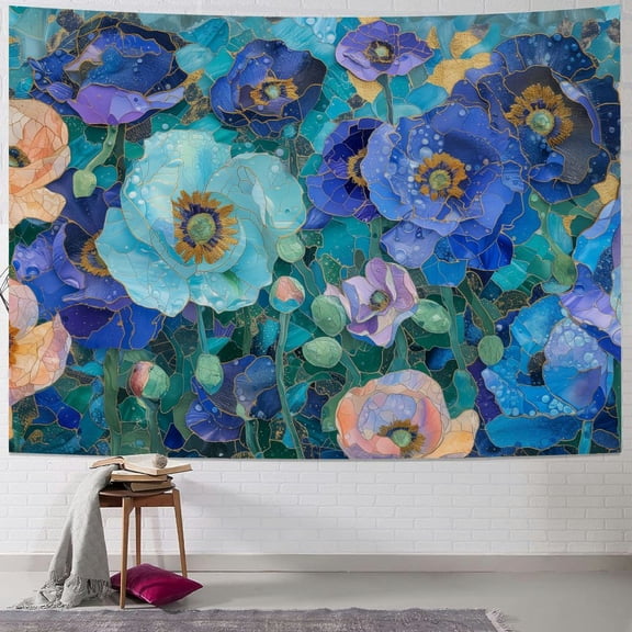 JRXY Blue Midnight Spring Botanical Flower Garden Tapestry Painting