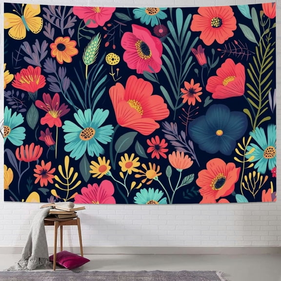 JRXY Blue Midnight Spring Botanical Flower Garden Tapestry Painting