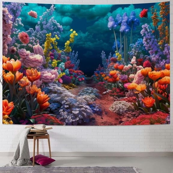 JRXY Blue Midnight Spring Botanical Flower Garden Tapestry Painting