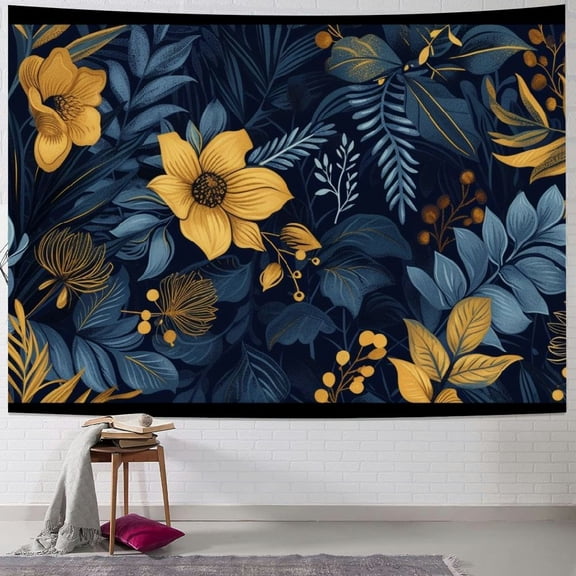 JRXY Blue Midnight Spring Botanical Flower Garden Tapestry Painting